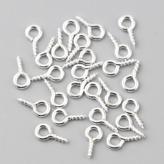 Picture of Iron Based Alloy Screw Eyes Bails Top Drilled Findings Silver Plated 8mm x 4mm, Needle Thickness: 1.3mm, 200 PCs