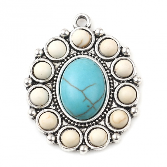 Picture of Zinc Based Alloy Boho Chic Bohemia Pendants Oval Antique Silver Color Green Blue Imitation Turquoise 33mm x 26mm, 2 PCs