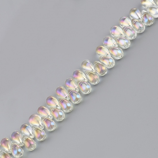 Immagine di Vetro Sciolto AB Arcobaleno colore Aurora Borealis Perline Goccia Giallo Chiaro Colore Placcato Circa 9mm x 6mm, Foro: Circa 1mm, 100 Pz