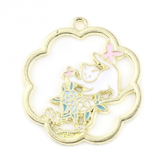 Picture of Zinc Based Alloy Charms Butterfly Animal Gold Plated Multicolor Cat Enamel 29mm x 27mm, 10 PCs