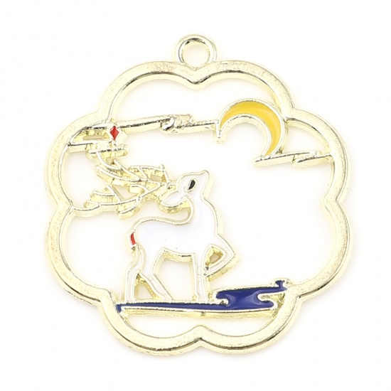 Picture of Zinc Based Alloy Charms Half Moon Gold Plated White Deer Enamel 29mm x 27mm, 10 PCs
