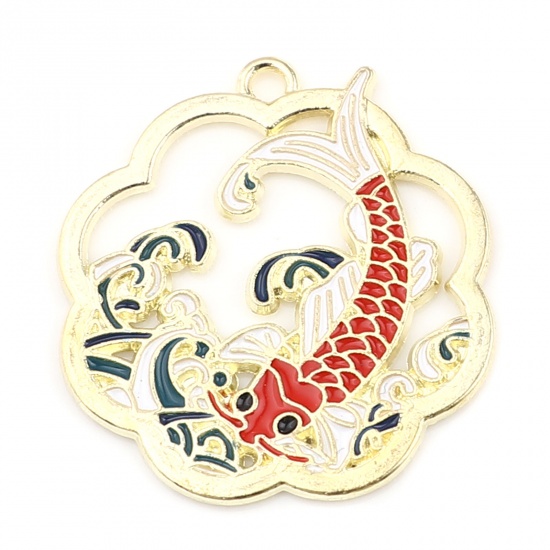 Picture of Zinc Based Alloy Charms Wave Gold Plated Red Fish Enamel 29mm x 27mm, 10 PCs