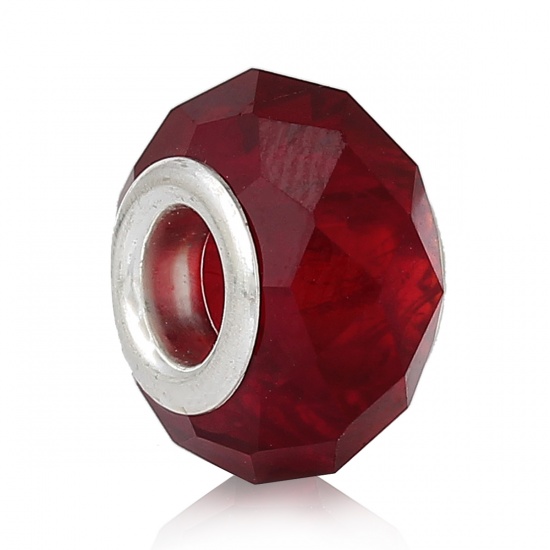 Picture of Glass European Style Large Hole Charm Beads Drum Red Wine Silver Tone Core Faceted About 14.0mm( 4/8") x 9.0mm( 3/8"), Hole: Approx 4.9mm, 10 PCs