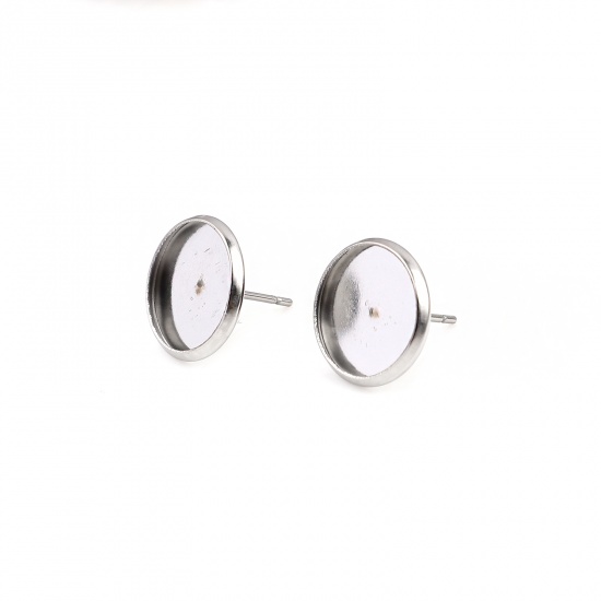 Picture of Stainless Steel Ear Post Stud Earrings Round Silver Tone Cabochon Settings (Fits 12mm Dia.) 14mm Dia., Post/ Wire Size: (21 gauge), 20 PCs