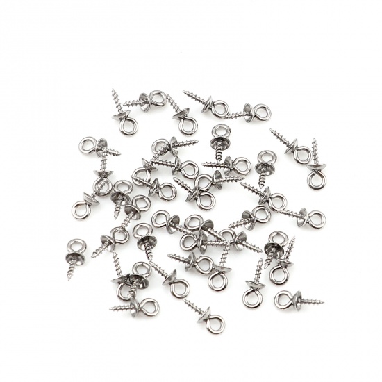 Picture of Stainless Steel Screw Eyes Bails Top Drilled Findings Silver Tone (Fits 4mm Dia.) 10mm x 4mm, 20 PCs