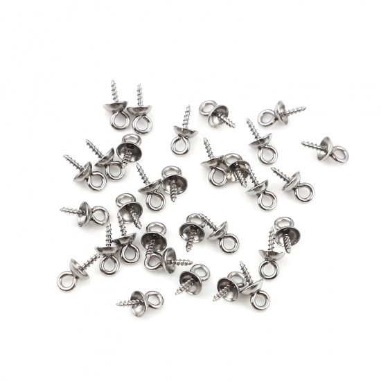 Picture of Stainless Steel Screw Eyes Bails Top Drilled Findings Silver Tone (Fits 5mm Dia.) 10mm x 5mm, 20 PCs
