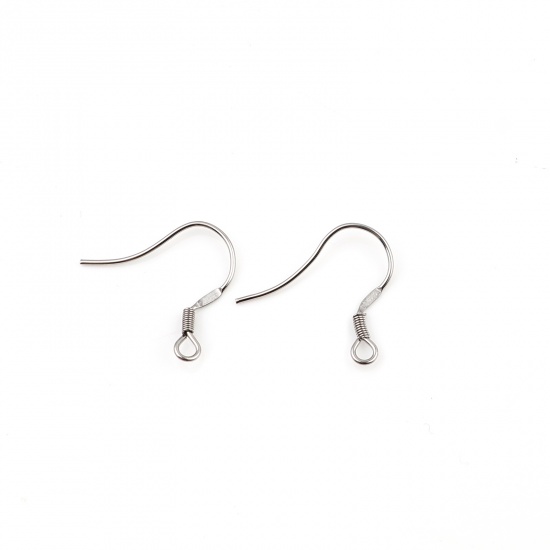 Picture of Stainless Steel Ear Wire Hooks Earring Hook Silver Tone W/ Loop 19mm x 18mm, Post/ Wire Size: (21 gauge), 50 PCs