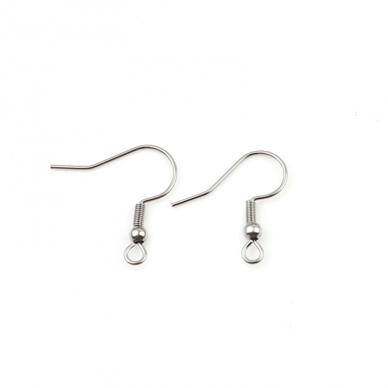 Picture of Stainless Steel Ear Wire Hooks Earring Hook Silver Tone W/ Loop 21mm x 20mm, Post/ Wire Size: (21 gauge), 50 PCs