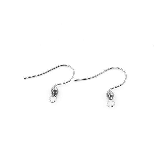 Picture of Stainless Steel Ear Wire Hooks Earring Hook Silver Tone W/ Loop 20mm x 17mm, Post/ Wire Size: (21 gauge), 50 PCs