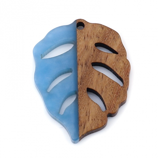 Bild von Harz & Holz Holz-Effekt Harz Anhänger Blätter Blau 3.7cm x 2.8cm, 3 Stück