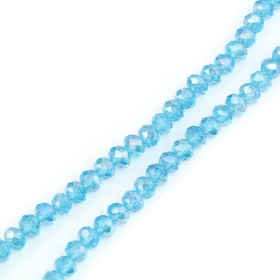 Bild von Glas Perlen Rund Azurblau AB Farbe Plattiert Facettiert ca. 6mm D., Loch: 1.4mm, 43cm - 42.5cm lang, 2 Stränge (ca. 90 Stück/Strang)