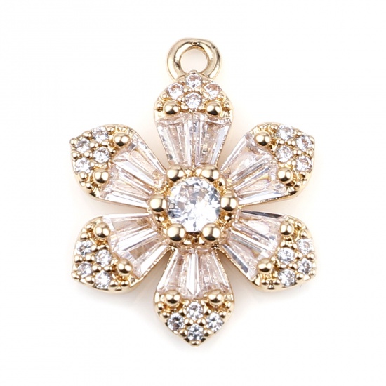 Picture of Copper & Glass Micro Pave Charms Gold Plated White Flower Clear Rhinestone 18mm x 13mm, 2 PCs