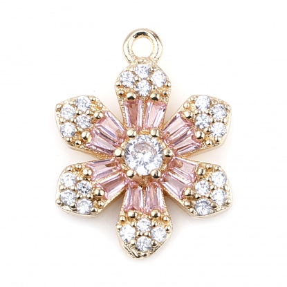 Picture of Copper & Glass Micro Pave Charms Gold Plated Light Pink Flower Clear Rhinestone 18mm x 13mm, 2 PCs