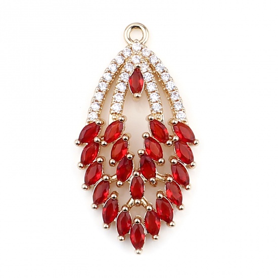 Picture of Copper & Glass Pendants Gold Plated Red Marquise Clear Rhinestone 3.3cm x 1.7cm, 2 PCs