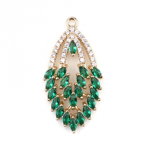 Picture of Copper & Glass Pendants Gold Plated Green Marquise Clear Rhinestone 3.3cm x 1.7cm, 2 PCs