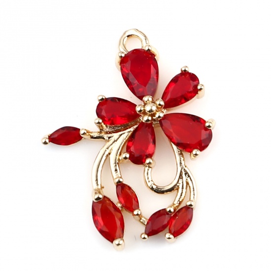 Picture of Copper & Glass Charms Gold Plated Red Flower 23mm x 18mm, 2 PCs