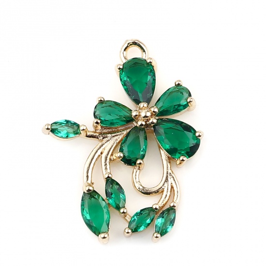 Picture of Copper & Glass Charms Gold Plated Green Flower 23mm x 18mm, 2 PCs