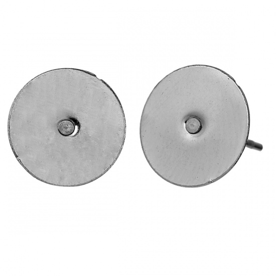 Picture of 304 Stainless Steel Ear Post Stud Earrings Findings Round Flat Pad Silver Tone 12mm( 4/8") x 10mm( 3/8"), Post/ Wire Size: (21 gauge), 100 PCs