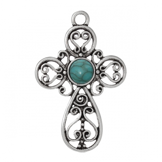 Picture of Zinc Based Alloy Easter Pendants Cross Antique Silver Pattern Hollow Blue Resin Imitation Turquoise 47mm(1 7/8") x 31mm(1 2/8"), 5 PCs