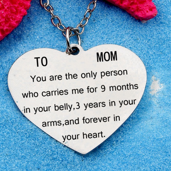 Picture of Zinc Based Alloy Mother's Day Necklace Silver Tone Heart Message " To Mom " 60cm long, 1 Piece