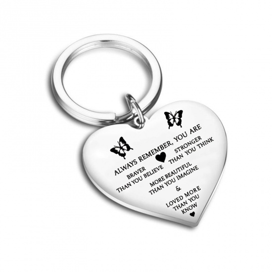 Picture of Zinc Based Alloy Mother's Day Keychain & Keyring Silver Tone Heart Butterfly 1 Piece