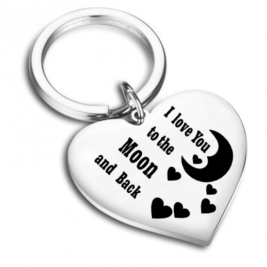 Picture of Zinc Based Alloy Mother's Day Keychain & Keyring Silver Tone Heart Moon Message " I Love You To The Moon And Back " 1 Piece