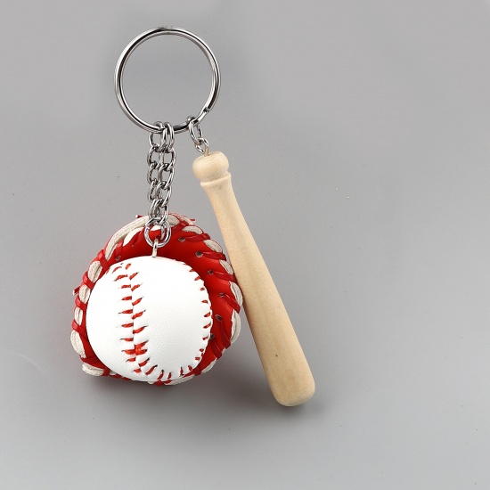Picture of PU & Wood Keychain & Keyring Red Baseball Bat Glove 11cm, 1 Piece
