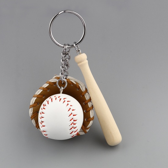Picture of PU & Wood Keychain & Keyring Khaki Baseball Bat Glove 11cm, 1 Piece