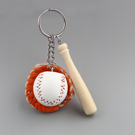 Picture of PU & Wood Keychain & Keyring Orange Baseball Bat Glove 11cm, 1 Piece