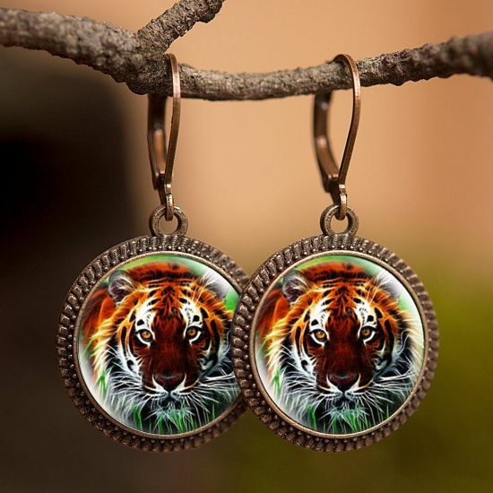 Picture of Copper & Glass Hoop Earrings Bronzed Multicolor Round Tiger 30mm, 1 Pair