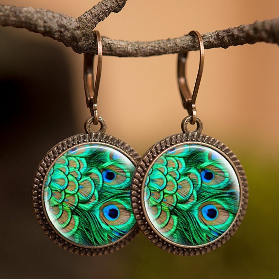 Picture of Copper & Glass Hoop Earrings Bronzed Green Round Peacock 30mm, 1 Pair