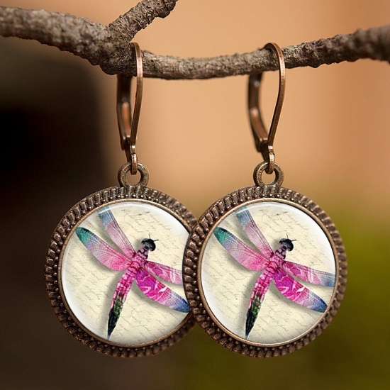 Picture of Copper & Glass Insect Hoop Earrings Bronzed Fuchsia Round Dragonfly 30mm, 1 Pair