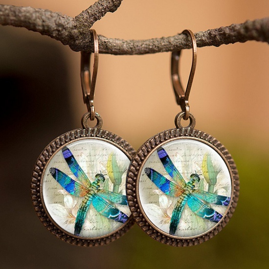 Picture of Copper & Glass Insect Hoop Earrings Bronzed Blue Round Dragonfly 30mm, 1 Pair