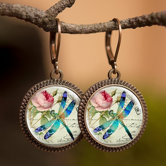 Picture of Copper & Glass Insect Hoop Earrings Bronzed Multicolor Round Dragonfly 30mm, 1 Pair