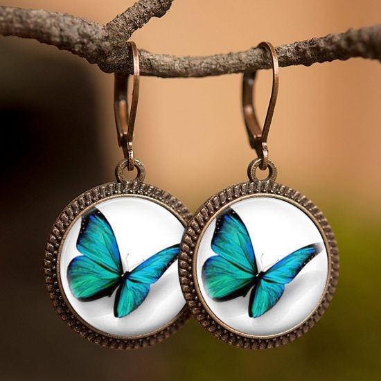 Picture of Copper & Glass Insect Hoop Earrings Bronzed White & Blue Round Butterfly 30mm, 1 Pair