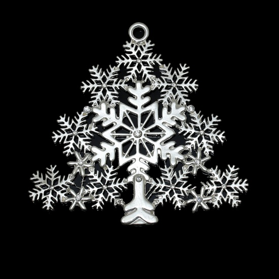 Bild von Legierung + Strass Charm Anhänger Weihnachten Weihnachtsbaum Versilbert Weihnachten Schneeflocke Transparent Strass Filigran 8cm x 7.7cm, 1 Stück