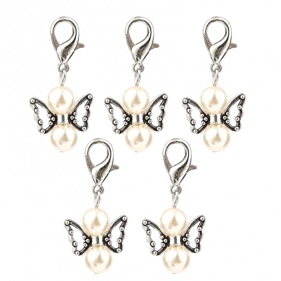 Picture of Zinc Based Alloy Insect Knitting Stitch Markers Angel Antique Silver Color Creamy-White 38mm x 18mm, 5 PCs