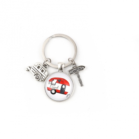Picture of Keychain & Keyring Antique Silver Color Red Round Car Message " CAMPING " 63mm, 5 PCs