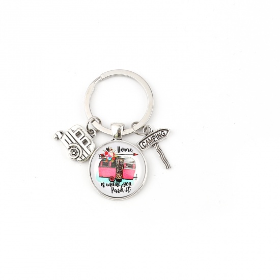 Picture of Keychain & Keyring Antique Silver Color Multicolor Round Car Message " CAMPING " 63mm, 5 PCs