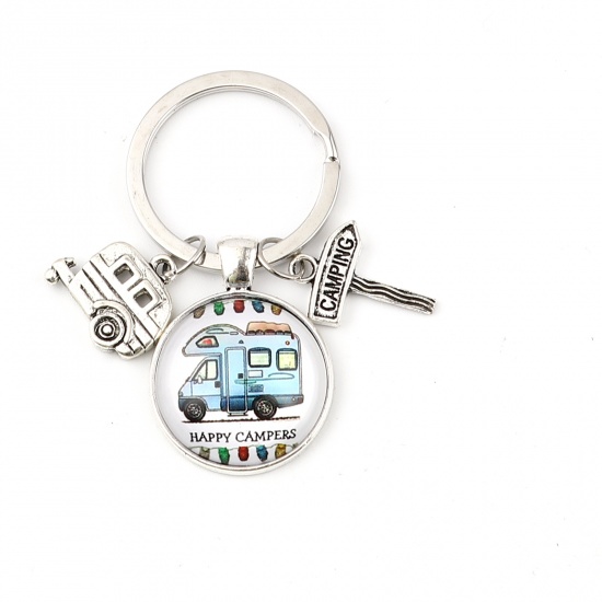 Picture of Keychain & Keyring Antique Silver Color Blue Round Car Message " CAMPING " 63mm, 5 PCs