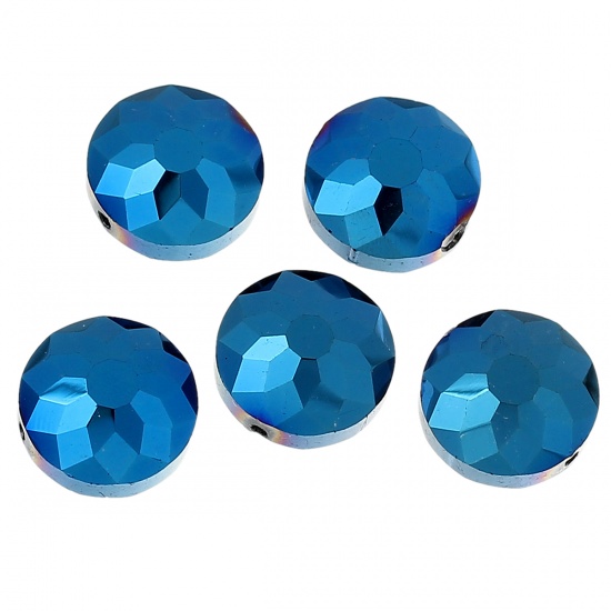 Image de Perles en Verre Forme Plat-Rond Bleu à facettes Diamètre: 14mm, Tailles de Trous: 1.4mm, 20 Pcs