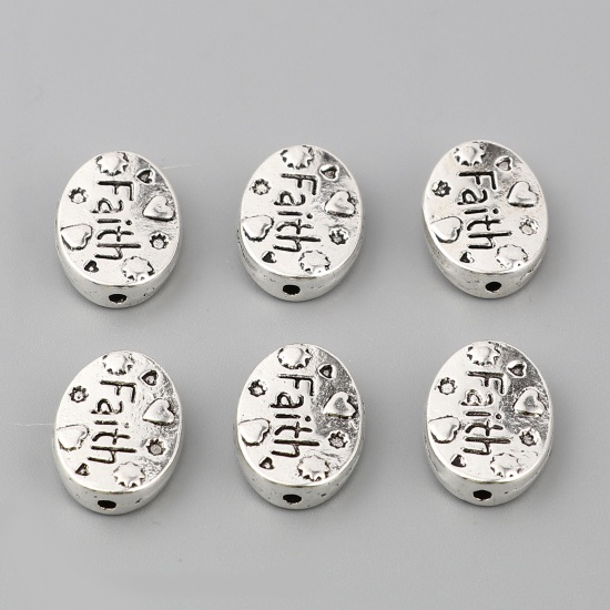 Picture of Zinc Based Alloy Positive Quotes Energy Spacer Beads Oval Antique Silver Color Heart Message " FAITH " About 16mm x 12mm, Hole: Approx 1.5mm, 30 PCs