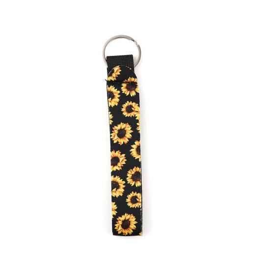 Picture of Neoprene Keychain & Keyring Silver Tone Black & Yellow Rectangle Sunflower 15.5cm, 2 PCs