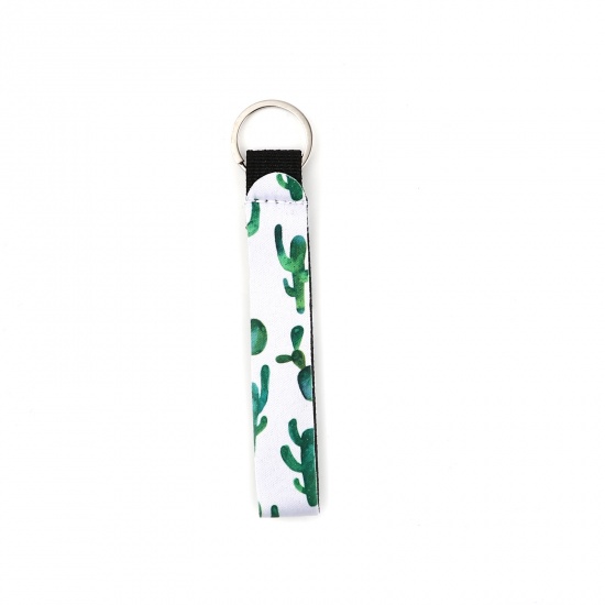 Picture of Neoprene Keychain & Keyring Silver Tone White & Green Rectangle Cactus 15.5cm, 2 PCs