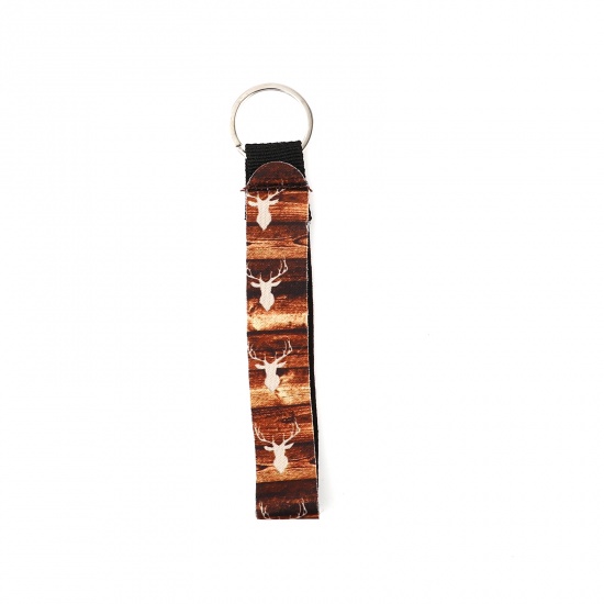 Picture of Neoprene Keychain & Keyring Silver Tone Brown Rectangle Deer 15.5cm, 2 PCs