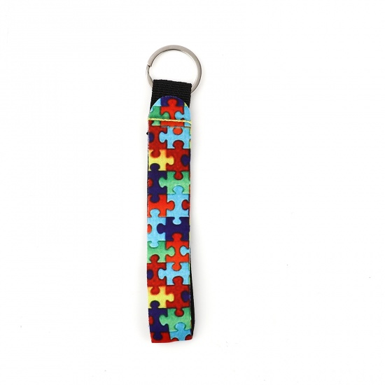 Picture of Neoprene Puzzle Keychain & Keyring Silver Tone Multicolor Rectangle Autism Awareness Jigsaw Puzzle Piece 15.5cm, 2 PCs