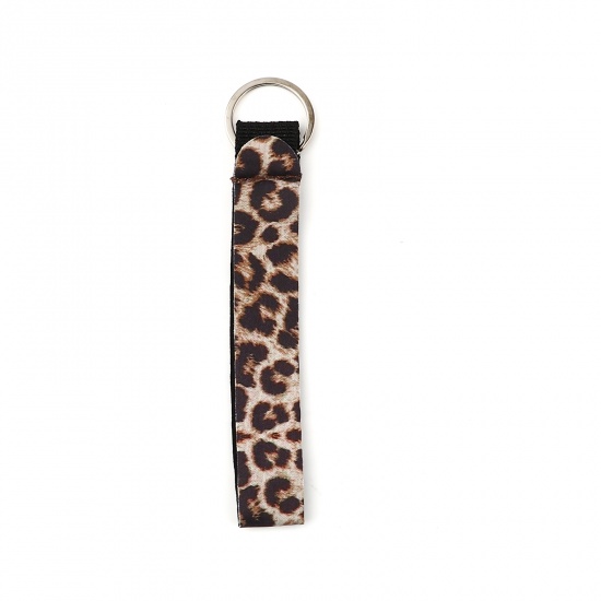 Picture of Neoprene Keychain & Keyring Silver Tone Light Coffee Rectangle Leopard Print 15.5cm, 2 PCs