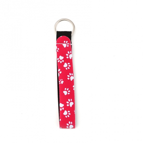 Picture of Neoprene Pet Memorial Keychain & Keyring Silver Tone Hot Pink Rectangle Paw Claw 15.5cm, 2 PCs