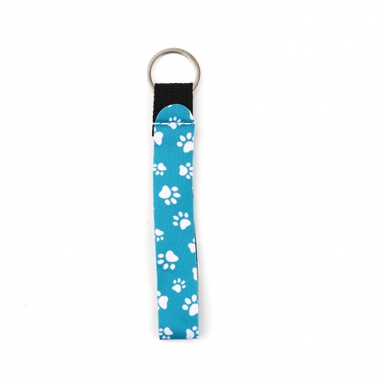 Picture of Neoprene Pet Memorial Keychain & Keyring Silver Tone Blue Rectangle Paw Claw 15.5cm, 2 PCs