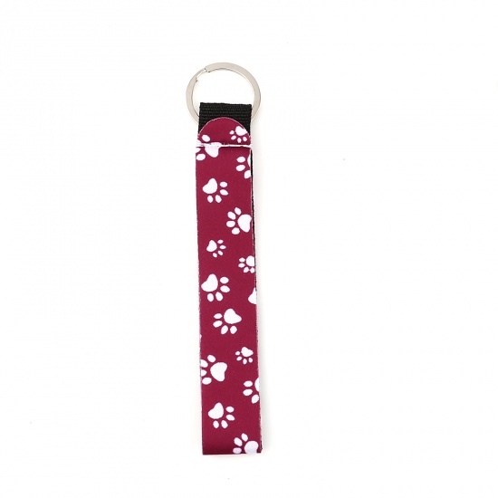 Picture of Neoprene Pet Memorial Keychain & Keyring Silver Tone Purplish Red Rectangle Paw Claw 15.5cm, 2 PCs
